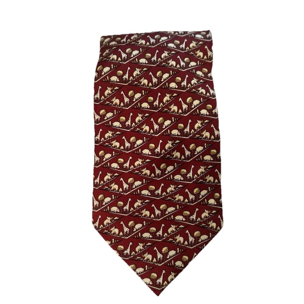 Vintage Safari Print Mens Handmade 100% Silk Tie 4” Red Elephant Giraffe Rhino